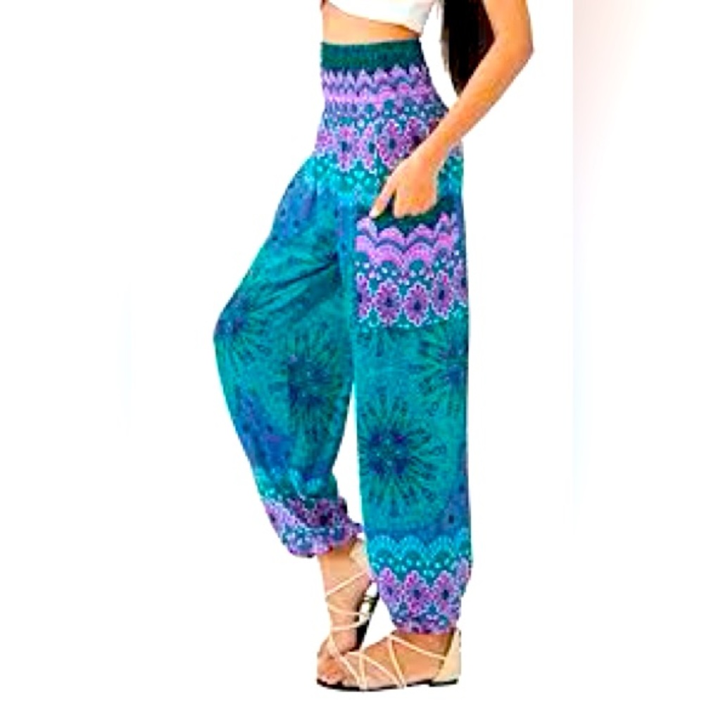Wide Leg Boho Print Pants in Teal & Purple